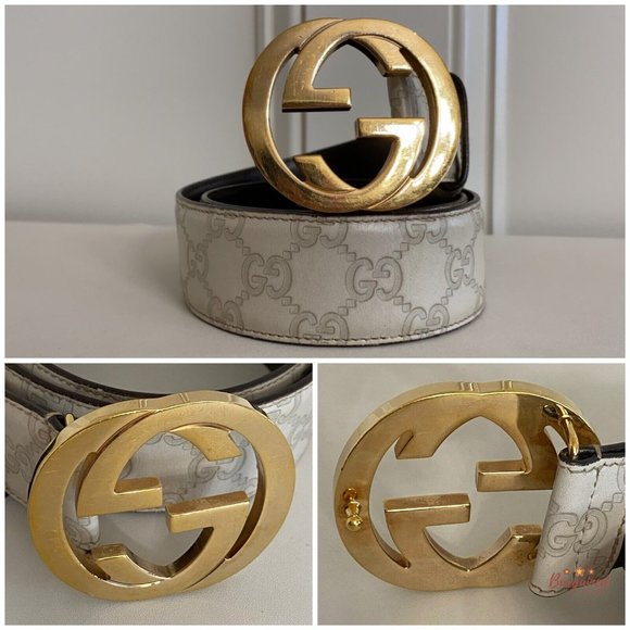 Authentic Gucci Cream Guccissima Leather Gold Interlocking G Buckle Belt 80/32 - Picture 5 of 12